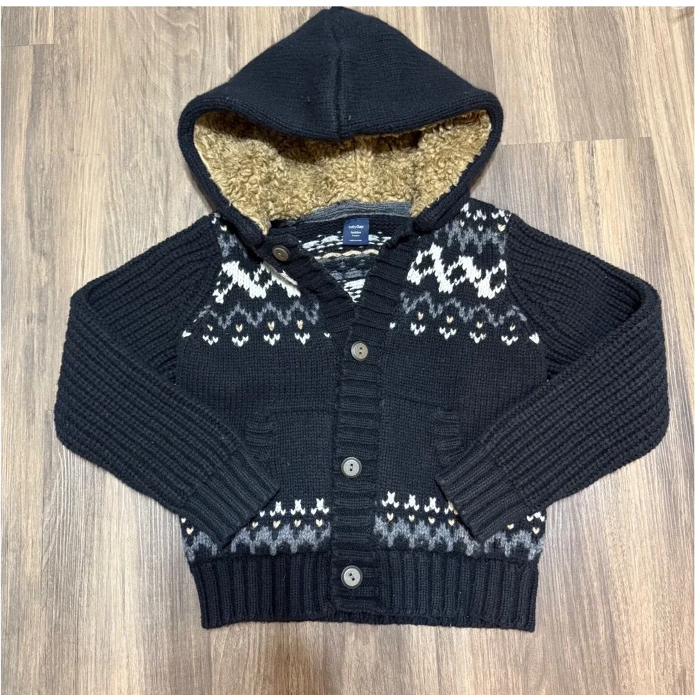 Baby Gap Black Fairisle Cardigan With Fur Lined Hood‎ Size 3T